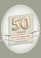Anniversary 50th celebration. Logo template with 50 years in oval with decorative ribbon and text, vector design for  invitation, greeting card, birthday.