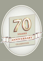 Anniversary 70th celebration. Logo template with 70 years in oval with decorative ribbon and text, vector design for  invitation, greeting card, birthday.