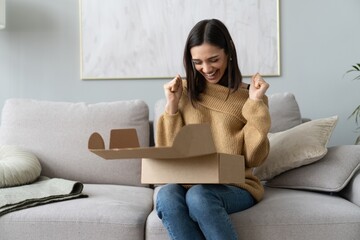 Happy young woman sit on couch room unpack cardboard box buying goods on Internet. shopping online, delivery concept