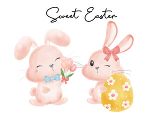 cute two couple bunny rabbit girl and boy smile with tulip flowers and Easter egg nursery baby cartoon watercolour vector, Cute Easter