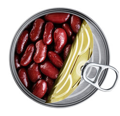 Open tin can with canned red beans isolated on white background. With clipping path.