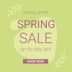 Spring sale square banner template. Purple discount text on green abstract shapes and branches