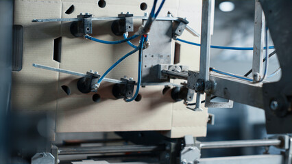 Closeup cardboard packaging manufacturing process mechanic warehouse working