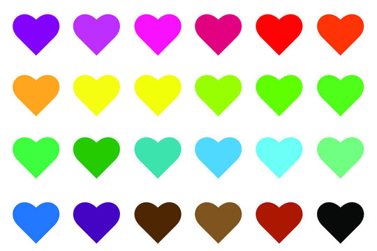 heart rainbow colored  Isolated vector illustration on white background rainbow colored hearts in a row. Heart symbols in  unique color hues. Isolated illustration on white background. Vector.