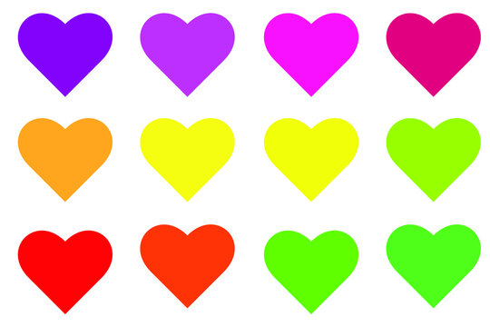 heart rainbow colored  Isolated vector illustration on white background rainbow colored hearts in a row. Heart symbols in  unique color hues. Isolated illustration on white background. Vector.