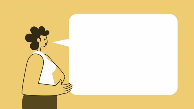 Yellow Style Woman Flat Character Talking Explain with Speech Bubble. Isolated Loop Animation with Alpha matters
