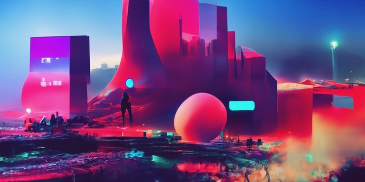 Retro futuristic abstract cityscape in pink and violet colors. Creative concept. Future city. Cyberpunk wallpaper. 3D illustration.