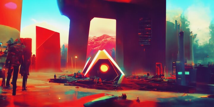 Retro futuristic abstract cityscape. Creative architecture concept. Future city. Cyberpunk wallpaper. 3D illustration.