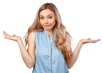 Portrait of uncertain young woman with blonde hair standing with raised arms isolated on white