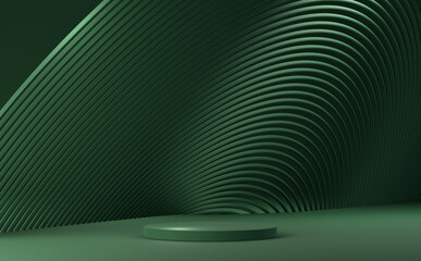 Green podium with abstract circular geometric pattern on green background - 485546739