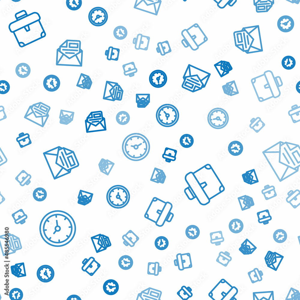 Poster set line clock, briefcase and mail and e-mail on seamless pattern. vector