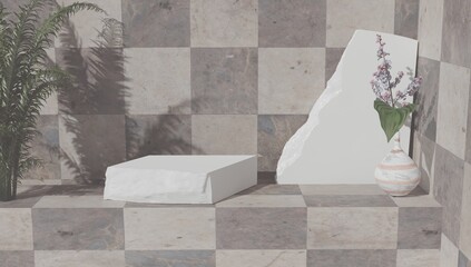 Sample of bathroom products on tiled backdrop for sample of perfumery and bathroom products. . 3d rendering
