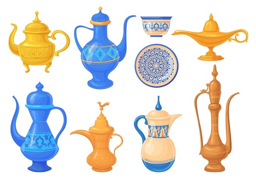 Cartoon arabic jugs. Moroccan teapot or bowl, antique aladdin lamp with genie, kitchen arabical treasure, jug art gold pot for coffee tea