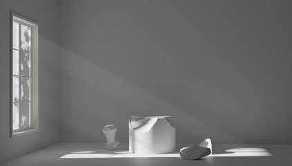 Light beam at the empty white marble stage with dark abstract wall and studio room gradient.illustration. 3d rendering.