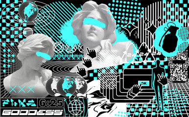 Retro futuristic background with girl statues. In techno style, with glitch effects, vector surreal illustration - obrazy, fototapety, plakaty