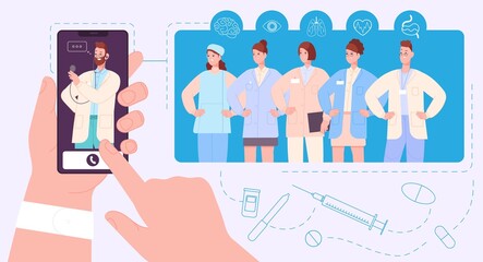 Healthcare team app. Online doctor in mobile phone, healthcare collaboration of medical staff using network technology, medic advice tele medicine - obrazy, fototapety, plakaty