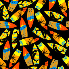 Seamless abstract summer pattern with surf desk, shark, wave, for textiles, prints.