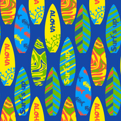 Print with surfboards. Funny seamless pattern for clothes summer.