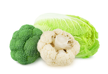 Composition with fresh whole cauliflower, broccoli and Chinese cabbage isolated on a white background.
