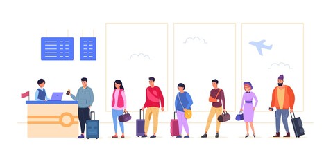 Queue of tourists. Travel people line departure airport, check passenger flight airplane, happy tourist suitcase traveling transit in vacation, cartoon garish vector illustration