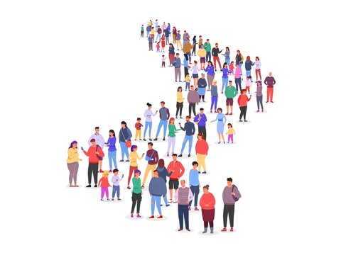 Long queue of crowd. People line marketing traffic, path together person row society standing group waiting of job, work human follow in business office, garish vector illustration
