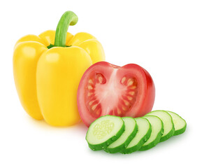 Vegetable composition: tomato, cucumber and pepper on a white background.