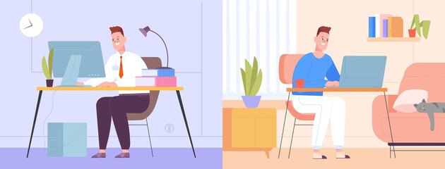 Hybrid work. Split office workplace, businessman workforce efficient employee company, alternative time for home job, flexible placed work, vector illustration