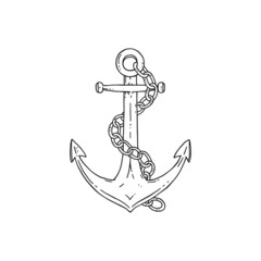anchor with iron chain. Vector black white doodle sketch isolated illustration.