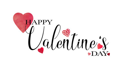 Happy Valentine's Day greeting card template. Lettering with watercolor hearts symbol, isolated on white background