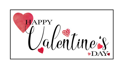 Happy Valentine's Day greeting card template. Lettering with watercolor hearts symbol, isolated on white background