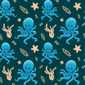 Seamless pattern with octopus and seashells. Graphic illustration. Pattern with a cute octopus with a smile. Children's design for clothes, notebooks. Sea star and seaweed. Green background.