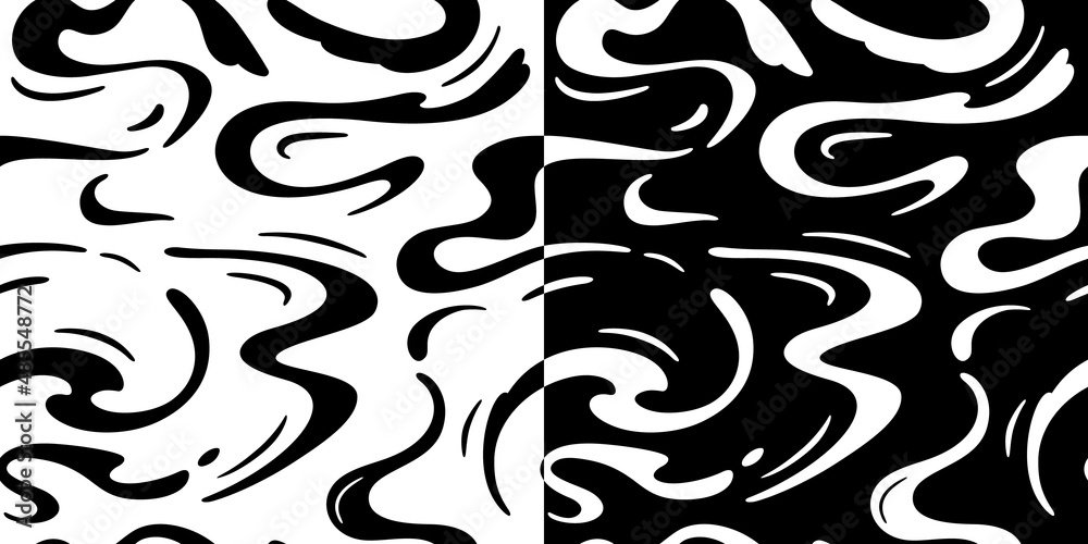 Poster Set of Two Black and White Vector Seamless Patterns with Abstract Water Waves