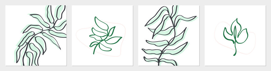 One line tropical palm tree leaves. Modern single line art leaf drawing, plants outline contour isolated. Perfect for home decor posters, wall art or print, label, logo. Vector illustration