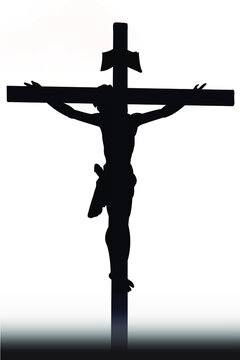Jesus christ on the cross isolated on white background. Black and white vector of jesus christ crucifixion, son of god or prophet death on a cross