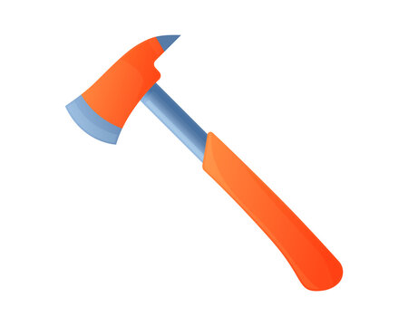 Vector illustration metal ax with orange handle isolated on white background. Axe vector icon in flat cartoon style. Hand tool for working with wood. Equipment for carpentry work. Firefighter axe.