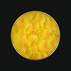 gold colored round banner with metal gold frame on black background
