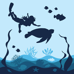 Marine background with a diving girl, sea turtle, corals and fish. Isolated vector objects.