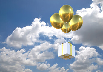 Golden metalic air balloon lifting  white present box with golden ribbon flying in a blue sky background, 3D rendering image