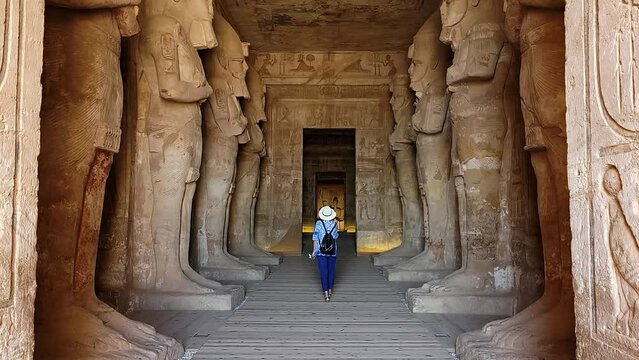 Aswan, Egypt - November 2021: Turist in Great Abu Simbel temple of Pharaoh Ramses II in southern Egypt in Nubia next to Lake Nasser.