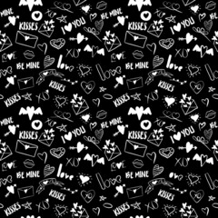 Vector seamless love symbol pattern, with stylish hearts and word "Love"