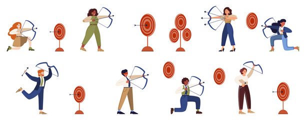 Business people aiming in target and shooting with arrow set. Employee shoot