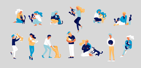 Vector character. Happy people with their pets, cat love their owners