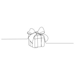 Gift box with big ribbon bow. Continuous line drawing. Minimal vector illustration. Surprising concept.