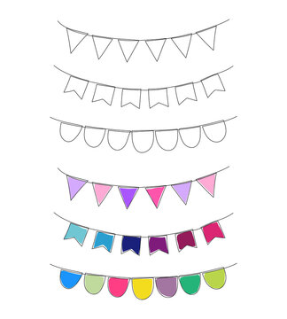 Continuous line drawing of buntings girland set in linear style and colorized. Minimalistic vector illustration.