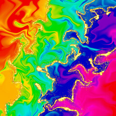 Rainbow marble abstract watercolor bacground. Alcohol brush texture, glitter dust ink, fluid pattern, liquid gold flow drop - 485551176