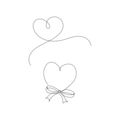 Ribbon hearts in continuous line drawing. Hand drawn doodle, vector illustration. Linear stylized.