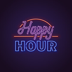 Big happy hour neon text. Neon lamp square sign. Glowing neon sign of happy hour sale. Template for glowing neon banner on dark background.