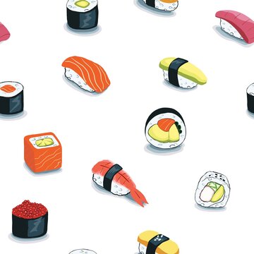Seamless hand-drawn pattern with sushi rolls. nigiri, guncan shrimp, wasabi on a white background. Japanese food. Various types of nigiri with tuna, gunkan, Salmon, Shrimp and avocado, egg. 