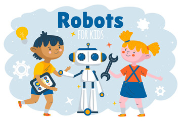 Fototapeta premium Vector hand drawn kids play with the robot in cartoon style.