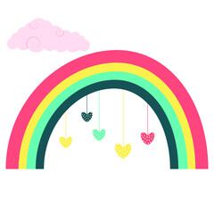 cartoon rainbow with hanging hearts and cloud